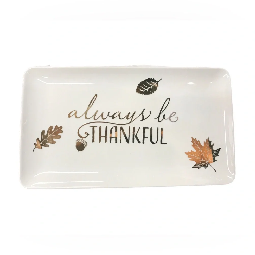 Pier 1 “Always Be Thankful” Porcelain Gold Thanksgiving Platter Rectangular 8x14
